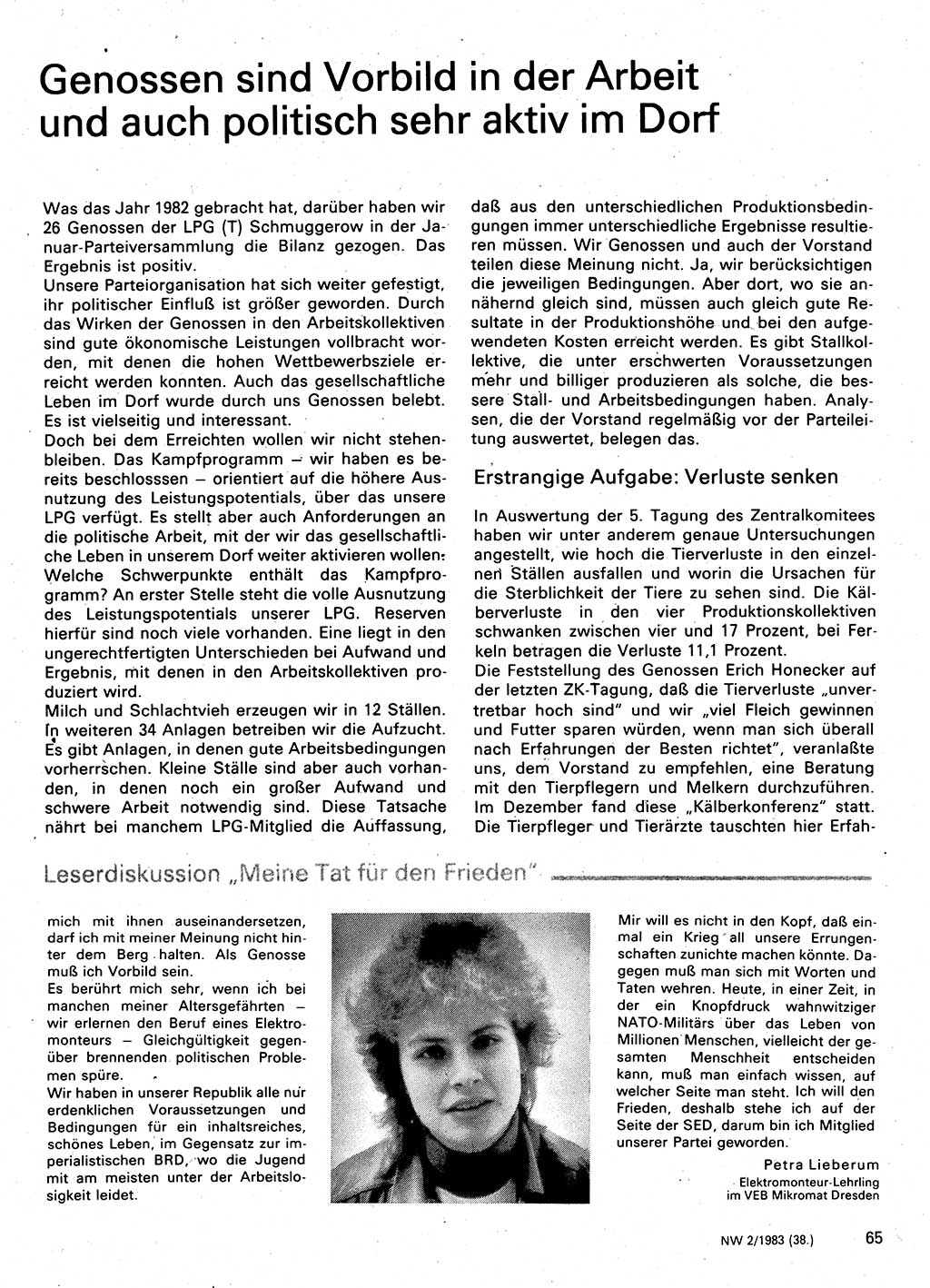 Neuer Weg (NW), Organ des Zentralkomitees (ZK) der SED (Sozialistische Einheitspartei Deutschlands) für Fragen des Parteilebens, 38. Jahrgang [Deutsche Demokratische Republik (DDR)] 1983, Seite 65 (NW ZK SED DDR 1983, S. 65)