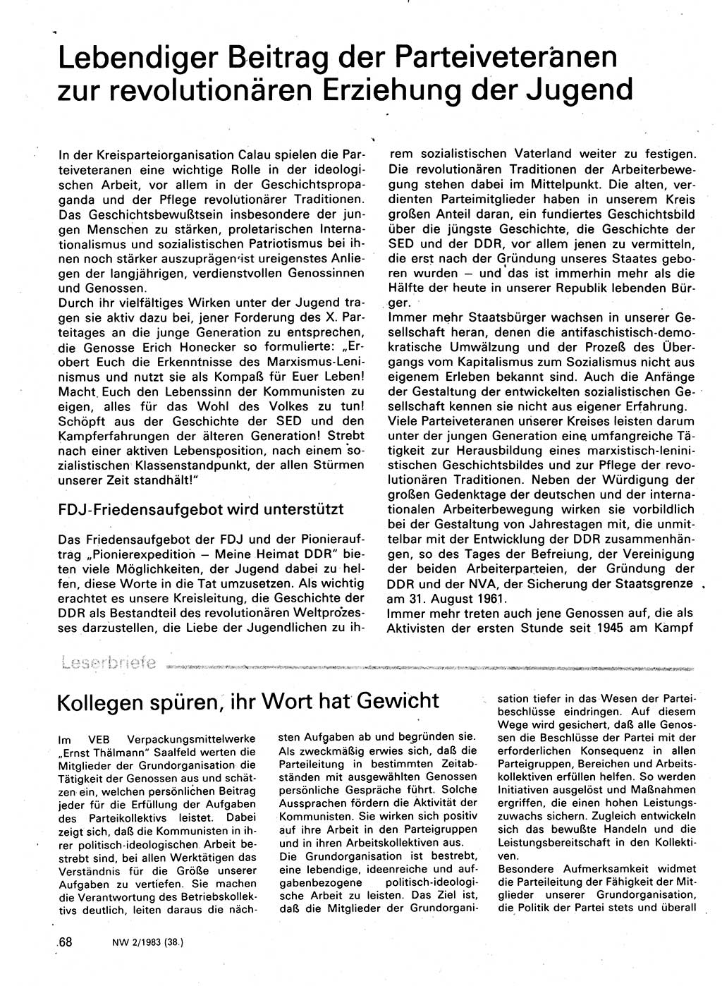 Neuer Weg (NW), Organ des Zentralkomitees (ZK) der SED (Sozialistische Einheitspartei Deutschlands) für Fragen des Parteilebens, 38. Jahrgang [Deutsche Demokratische Republik (DDR)] 1983, Seite 68 (NW ZK SED DDR 1983, S. 68)