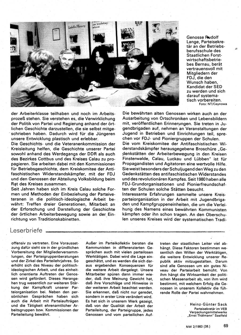 Neuer Weg (NW), Organ des Zentralkomitees (ZK) der SED (Sozialistische Einheitspartei Deutschlands) für Fragen des Parteilebens, 38. Jahrgang [Deutsche Demokratische Republik (DDR)] 1983, Seite 69 (NW ZK SED DDR 1983, S. 69)