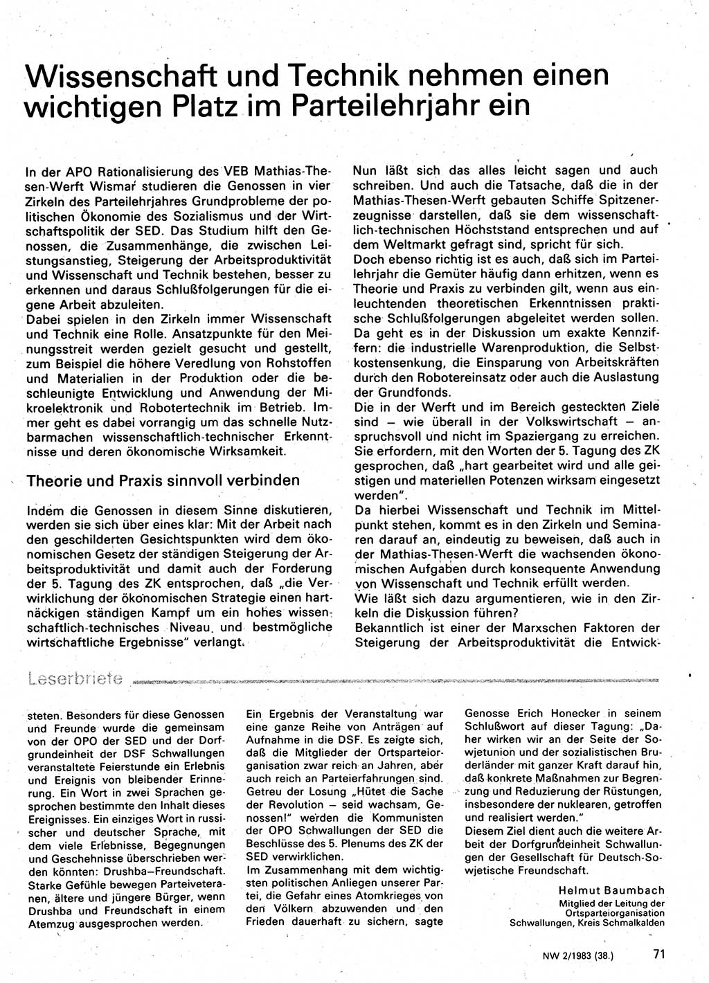 Neuer Weg (NW), Organ des Zentralkomitees (ZK) der SED (Sozialistische Einheitspartei Deutschlands) für Fragen des Parteilebens, 38. Jahrgang [Deutsche Demokratische Republik (DDR)] 1983, Seite 71 (NW ZK SED DDR 1983, S. 71)