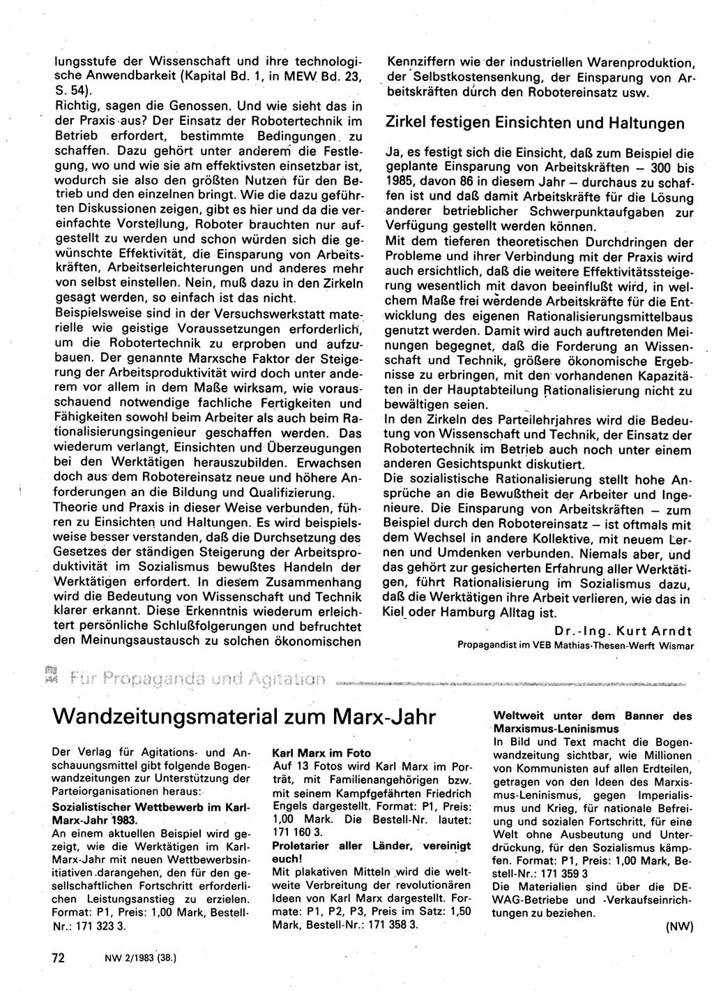 Neuer Weg (NW), Organ des Zentralkomitees (ZK) der SED (Sozialistische Einheitspartei Deutschlands) für Fragen des Parteilebens, 38. Jahrgang [Deutsche Demokratische Republik (DDR)] 1983, Seite 72 (NW ZK SED DDR 1983, S. 72)