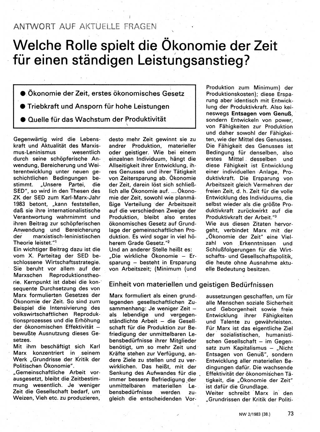 Neuer Weg (NW), Organ des Zentralkomitees (ZK) der SED (Sozialistische Einheitspartei Deutschlands) für Fragen des Parteilebens, 38. Jahrgang [Deutsche Demokratische Republik (DDR)] 1983, Seite 73 (NW ZK SED DDR 1983, S. 73)