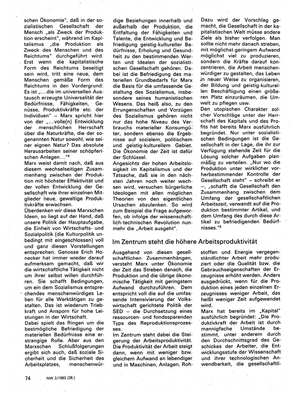 Neuer Weg (NW), Organ des Zentralkomitees (ZK) der SED (Sozialistische Einheitspartei Deutschlands) für Fragen des Parteilebens, 38. Jahrgang [Deutsche Demokratische Republik (DDR)] 1983, Seite 74 (NW ZK SED DDR 1983, S. 74)