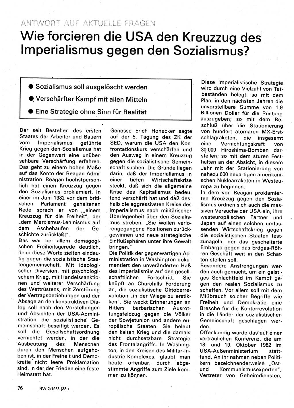 Neuer Weg (NW), Organ des Zentralkomitees (ZK) der SED (Sozialistische Einheitspartei Deutschlands) für Fragen des Parteilebens, 38. Jahrgang [Deutsche Demokratische Republik (DDR)] 1983, Seite 76 (NW ZK SED DDR 1983, S. 76)