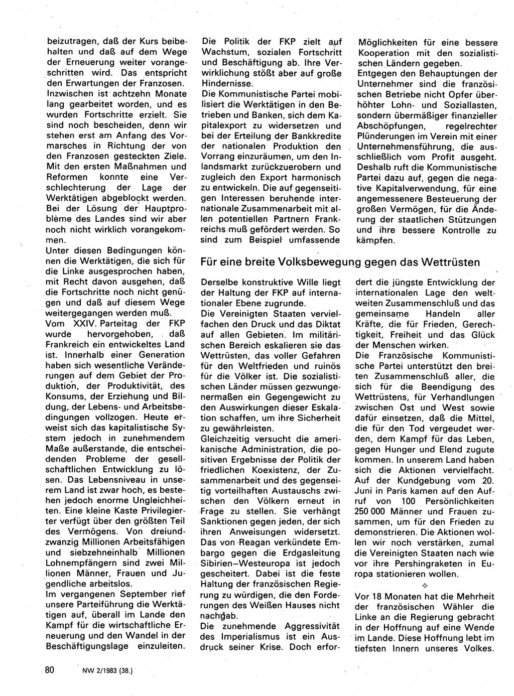 Neuer Weg (NW), Organ des Zentralkomitees (ZK) der SED (Sozialistische Einheitspartei Deutschlands) für Fragen des Parteilebens, 38. Jahrgang [Deutsche Demokratische Republik (DDR)] 1983, Seite 80 (NW ZK SED DDR 1983, S. 80)