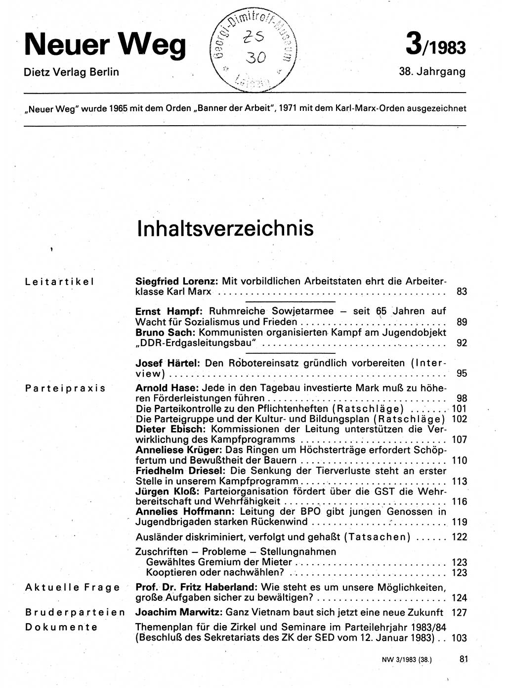 Neuer Weg (NW), Organ des Zentralkomitees (ZK) der SED (Sozialistische Einheitspartei Deutschlands) für Fragen des Parteilebens, 38. Jahrgang [Deutsche Demokratische Republik (DDR)] 1983, Seite 81 (NW ZK SED DDR 1983, S. 81)