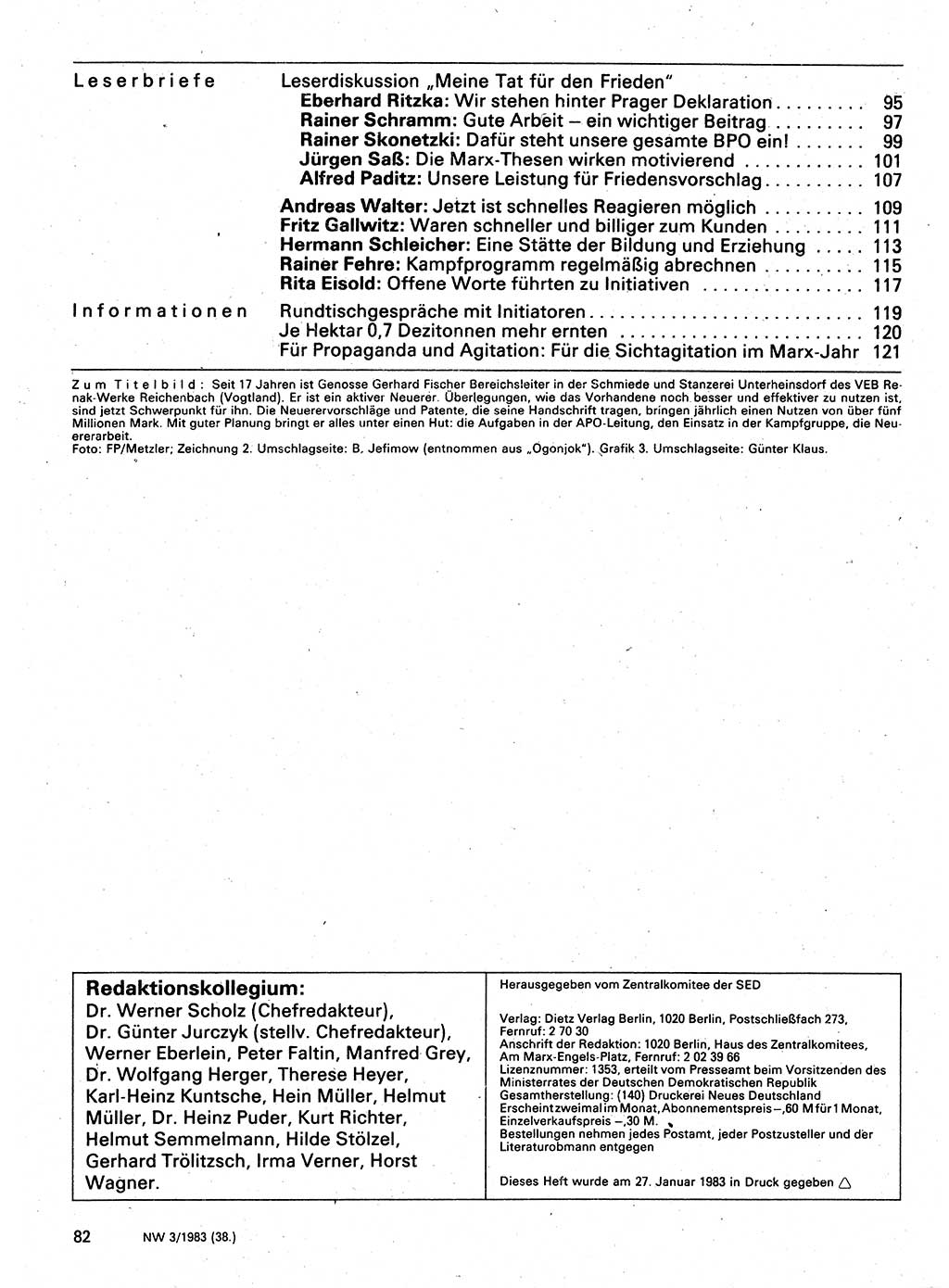 Neuer Weg (NW), Organ des Zentralkomitees (ZK) der SED (Sozialistische Einheitspartei Deutschlands) für Fragen des Parteilebens, 38. Jahrgang [Deutsche Demokratische Republik (DDR)] 1983, Seite 82 (NW ZK SED DDR 1983, S. 82)