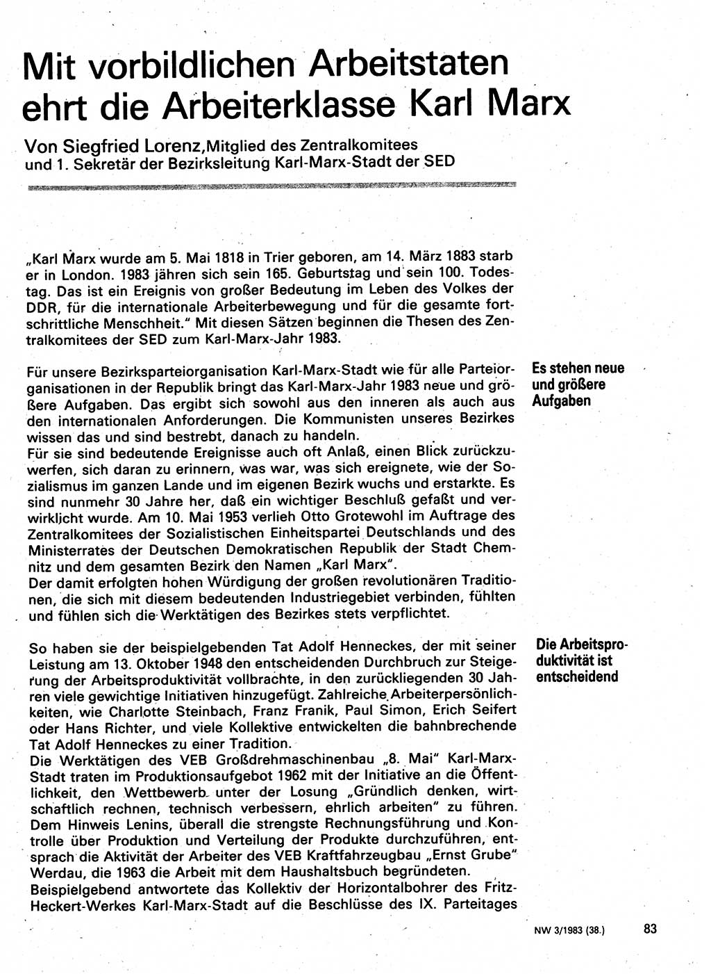 Neuer Weg (NW), Organ des Zentralkomitees (ZK) der SED (Sozialistische Einheitspartei Deutschlands) für Fragen des Parteilebens, 38. Jahrgang [Deutsche Demokratische Republik (DDR)] 1983, Seite 83 (NW ZK SED DDR 1983, S. 83)
