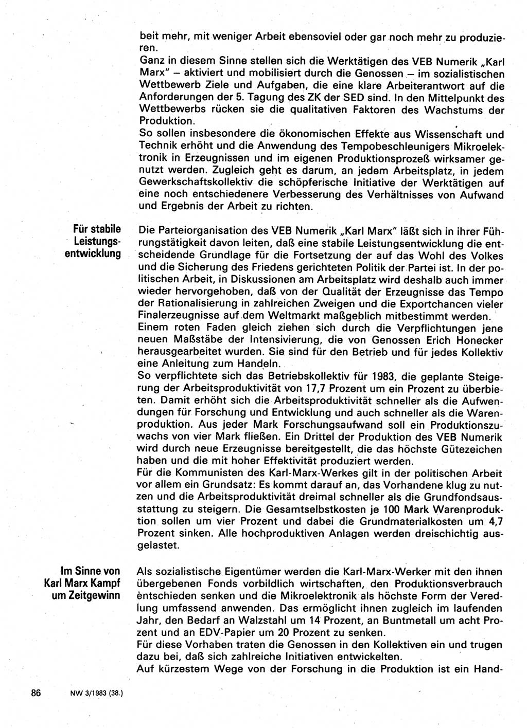 Neuer Weg (NW), Organ des Zentralkomitees (ZK) der SED (Sozialistische Einheitspartei Deutschlands) für Fragen des Parteilebens, 38. Jahrgang [Deutsche Demokratische Republik (DDR)] 1983, Seite 86 (NW ZK SED DDR 1983, S. 86)