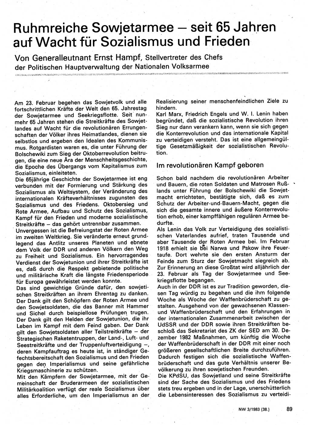 Neuer Weg (NW), Organ des Zentralkomitees (ZK) der SED (Sozialistische Einheitspartei Deutschlands) für Fragen des Parteilebens, 38. Jahrgang [Deutsche Demokratische Republik (DDR)] 1983, Seite 89 (NW ZK SED DDR 1983, S. 89)