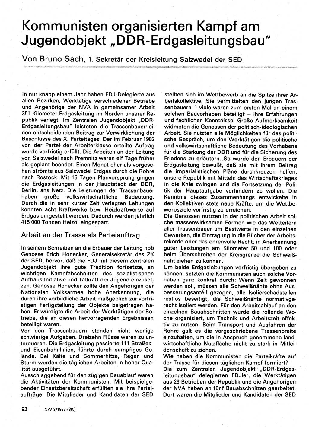 Neuer Weg (NW), Organ des Zentralkomitees (ZK) der SED (Sozialistische Einheitspartei Deutschlands) für Fragen des Parteilebens, 38. Jahrgang [Deutsche Demokratische Republik (DDR)] 1983, Seite 92 (NW ZK SED DDR 1983, S. 92)