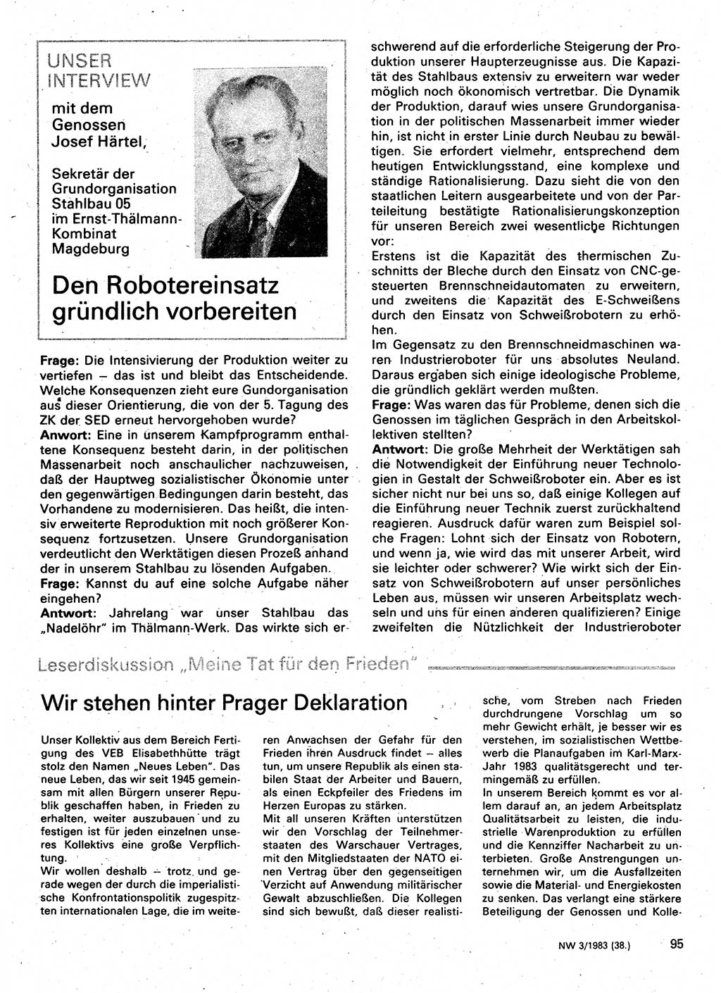 Neuer Weg (NW), Organ des Zentralkomitees (ZK) der SED (Sozialistische Einheitspartei Deutschlands) für Fragen des Parteilebens, 38. Jahrgang [Deutsche Demokratische Republik (DDR)] 1983, Seite 95 (NW ZK SED DDR 1983, S. 95)