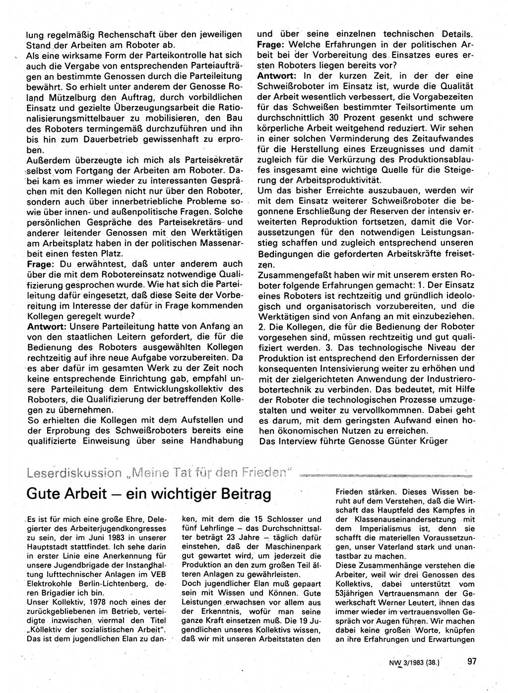 Neuer Weg (NW), Organ des Zentralkomitees (ZK) der SED (Sozialistische Einheitspartei Deutschlands) für Fragen des Parteilebens, 38. Jahrgang [Deutsche Demokratische Republik (DDR)] 1983, Seite 97 (NW ZK SED DDR 1983, S. 97)