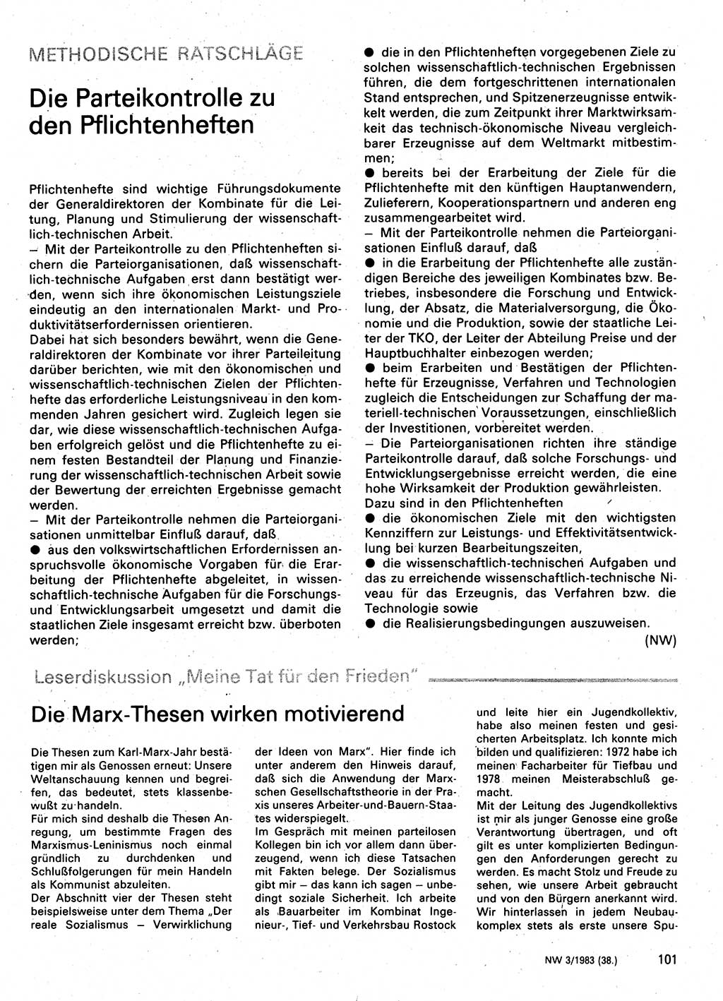 Neuer Weg (NW), Organ des Zentralkomitees (ZK) der SED (Sozialistische Einheitspartei Deutschlands) für Fragen des Parteilebens, 38. Jahrgang [Deutsche Demokratische Republik (DDR)] 1983, Seite 101 (NW ZK SED DDR 1983, S. 101)