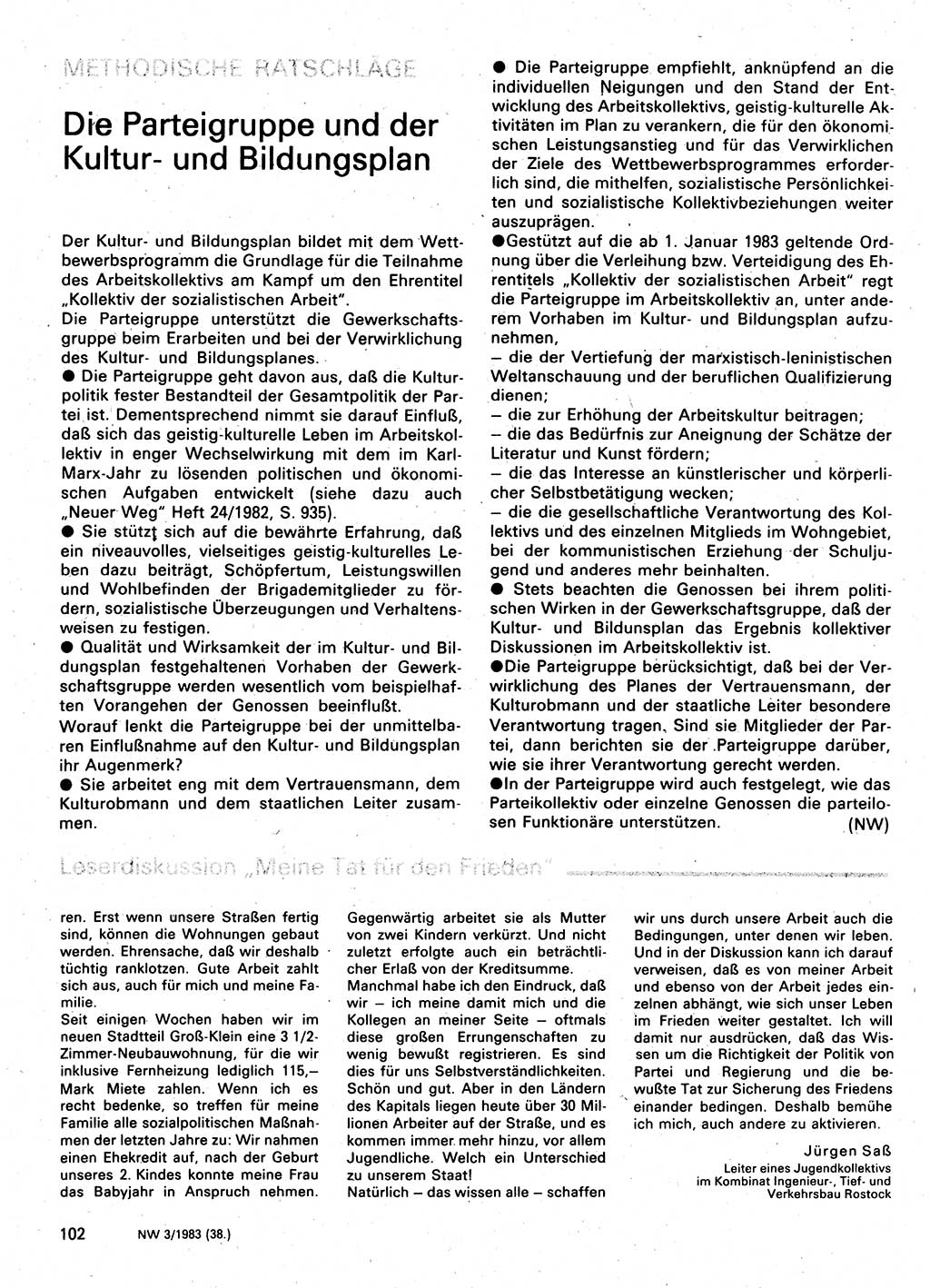 Neuer Weg (NW), Organ des Zentralkomitees (ZK) der SED (Sozialistische Einheitspartei Deutschlands) für Fragen des Parteilebens, 38. Jahrgang [Deutsche Demokratische Republik (DDR)] 1983, Seite 102 (NW ZK SED DDR 1983, S. 102)