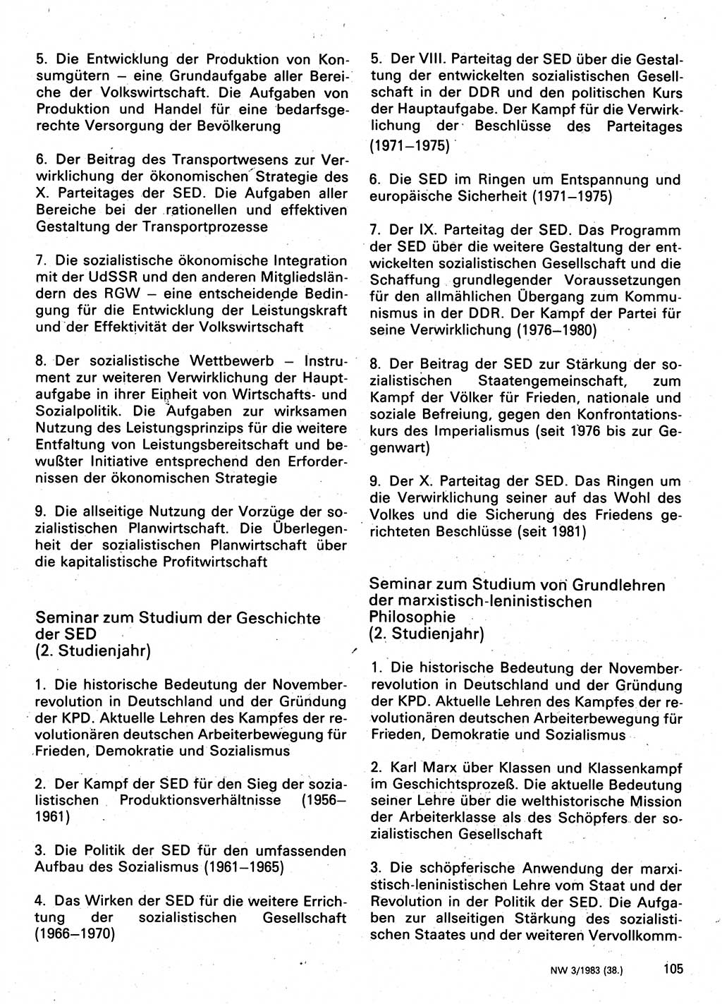 Neuer Weg (NW), Organ des Zentralkomitees (ZK) der SED (Sozialistische Einheitspartei Deutschlands) fÃ¼r Fragen des Parteilebens, 38. Jahrgang [Deutsche Demokratische Republik (DDR)] 1983, Seite 105 (NW ZK SED DDR 1983, S. 105)