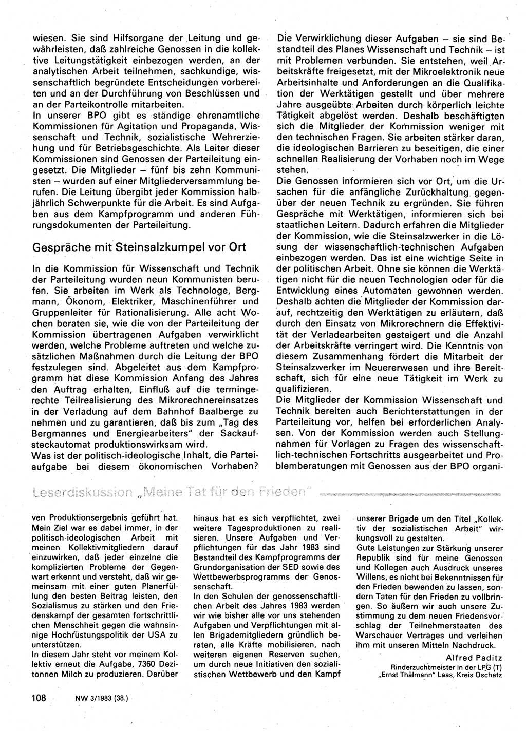 Neuer Weg (NW), Organ des Zentralkomitees (ZK) der SED (Sozialistische Einheitspartei Deutschlands) für Fragen des Parteilebens, 38. Jahrgang [Deutsche Demokratische Republik (DDR)] 1983, Seite 108 (NW ZK SED DDR 1983, S. 108)