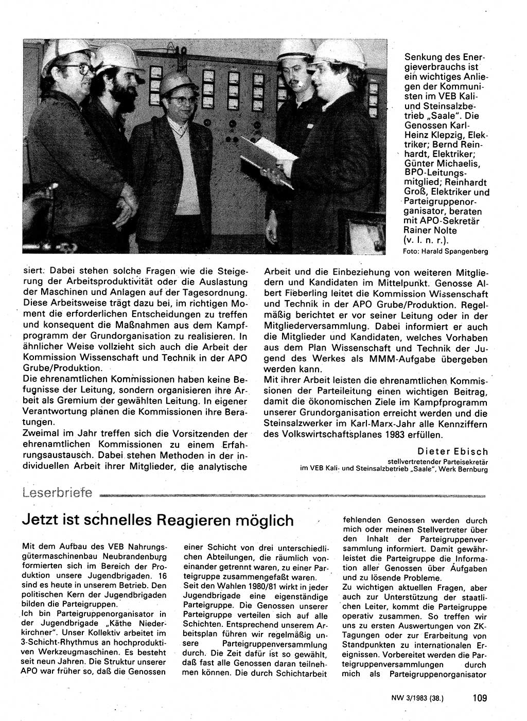 Neuer Weg (NW), Organ des Zentralkomitees (ZK) der SED (Sozialistische Einheitspartei Deutschlands) für Fragen des Parteilebens, 38. Jahrgang [Deutsche Demokratische Republik (DDR)] 1983, Seite 109 (NW ZK SED DDR 1983, S. 109)