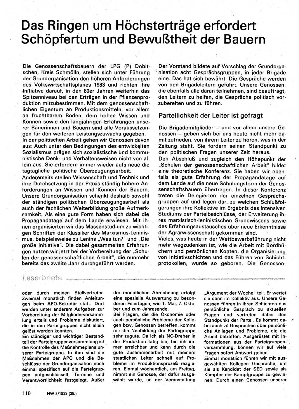 Neuer Weg (NW), Organ des Zentralkomitees (ZK) der SED (Sozialistische Einheitspartei Deutschlands) für Fragen des Parteilebens, 38. Jahrgang [Deutsche Demokratische Republik (DDR)] 1983, Seite 110 (NW ZK SED DDR 1983, S. 110)