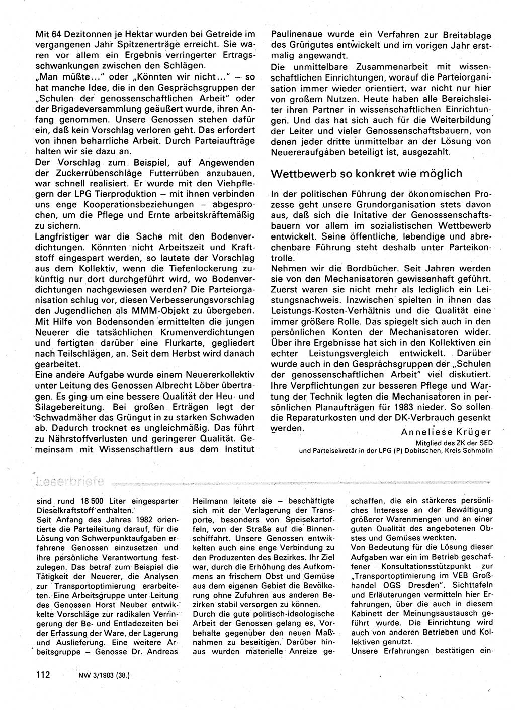 Neuer Weg (NW), Organ des Zentralkomitees (ZK) der SED (Sozialistische Einheitspartei Deutschlands) für Fragen des Parteilebens, 38. Jahrgang [Deutsche Demokratische Republik (DDR)] 1983, Seite 112 (NW ZK SED DDR 1983, S. 112)