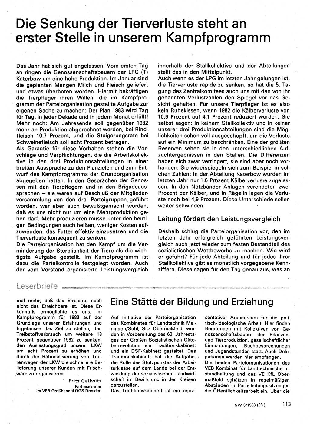 Neuer Weg (NW), Organ des Zentralkomitees (ZK) der SED (Sozialistische Einheitspartei Deutschlands) für Fragen des Parteilebens, 38. Jahrgang [Deutsche Demokratische Republik (DDR)] 1983, Seite 113 (NW ZK SED DDR 1983, S. 113)
