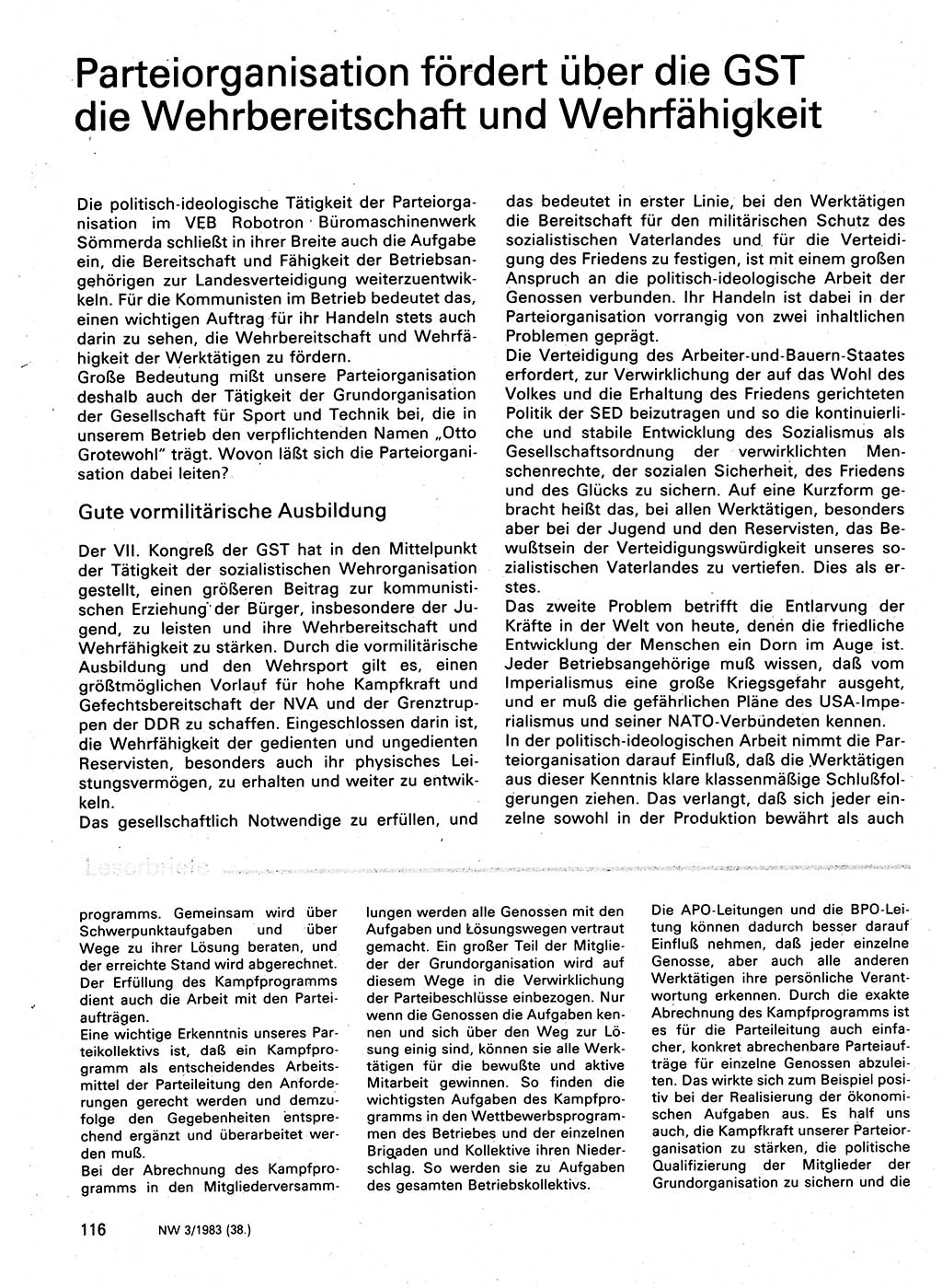 Neuer Weg (NW), Organ des Zentralkomitees (ZK) der SED (Sozialistische Einheitspartei Deutschlands) für Fragen des Parteilebens, 38. Jahrgang [Deutsche Demokratische Republik (DDR)] 1983, Seite 116 (NW ZK SED DDR 1983, S. 116)