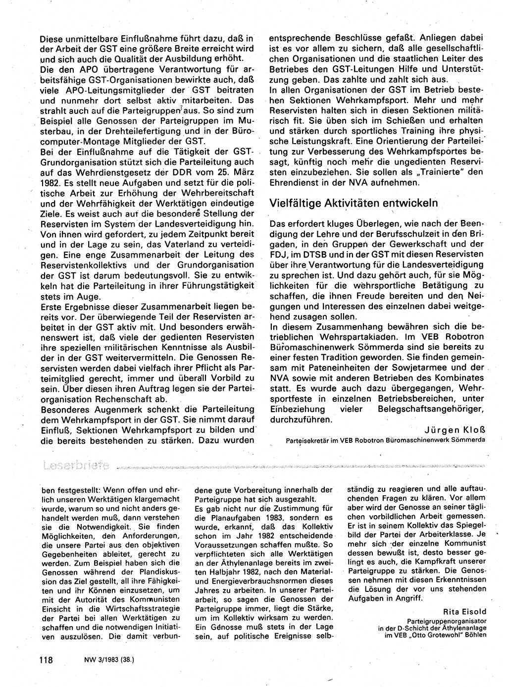 Neuer Weg (NW), Organ des Zentralkomitees (ZK) der SED (Sozialistische Einheitspartei Deutschlands) für Fragen des Parteilebens, 38. Jahrgang [Deutsche Demokratische Republik (DDR)] 1983, Seite 118 (NW ZK SED DDR 1983, S. 118)