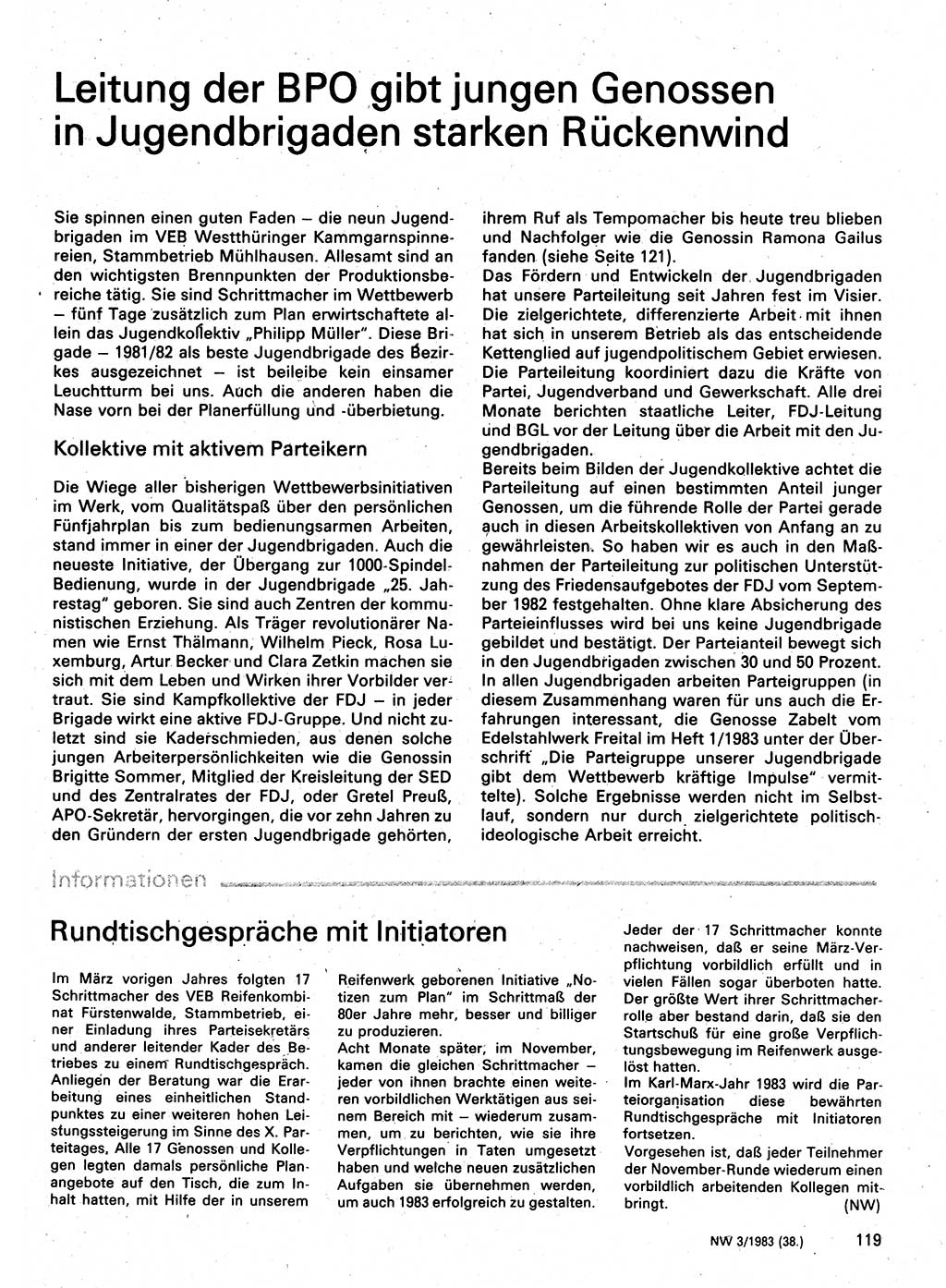 Neuer Weg (NW), Organ des Zentralkomitees (ZK) der SED (Sozialistische Einheitspartei Deutschlands) für Fragen des Parteilebens, 38. Jahrgang [Deutsche Demokratische Republik (DDR)] 1983, Seite 119 (NW ZK SED DDR 1983, S. 119)