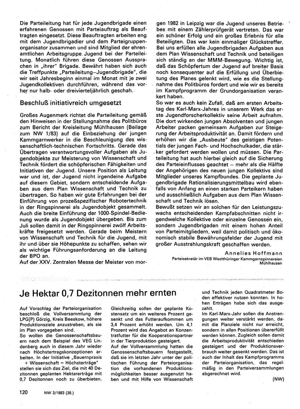 Neuer Weg (NW), Organ des Zentralkomitees (ZK) der SED (Sozialistische Einheitspartei Deutschlands) für Fragen des Parteilebens, 38. Jahrgang [Deutsche Demokratische Republik (DDR)] 1983, Seite 120 (NW ZK SED DDR 1983, S. 120)