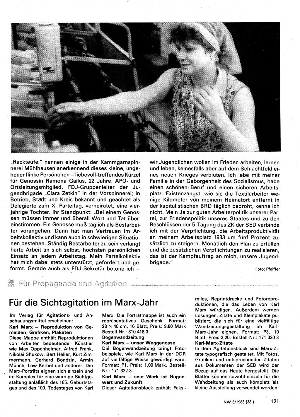 Neuer Weg (NW), Organ des Zentralkomitees (ZK) der SED (Sozialistische Einheitspartei Deutschlands) für Fragen des Parteilebens, 38. Jahrgang [Deutsche Demokratische Republik (DDR)] 1983, Seite 121 (NW ZK SED DDR 1983, S. 121)