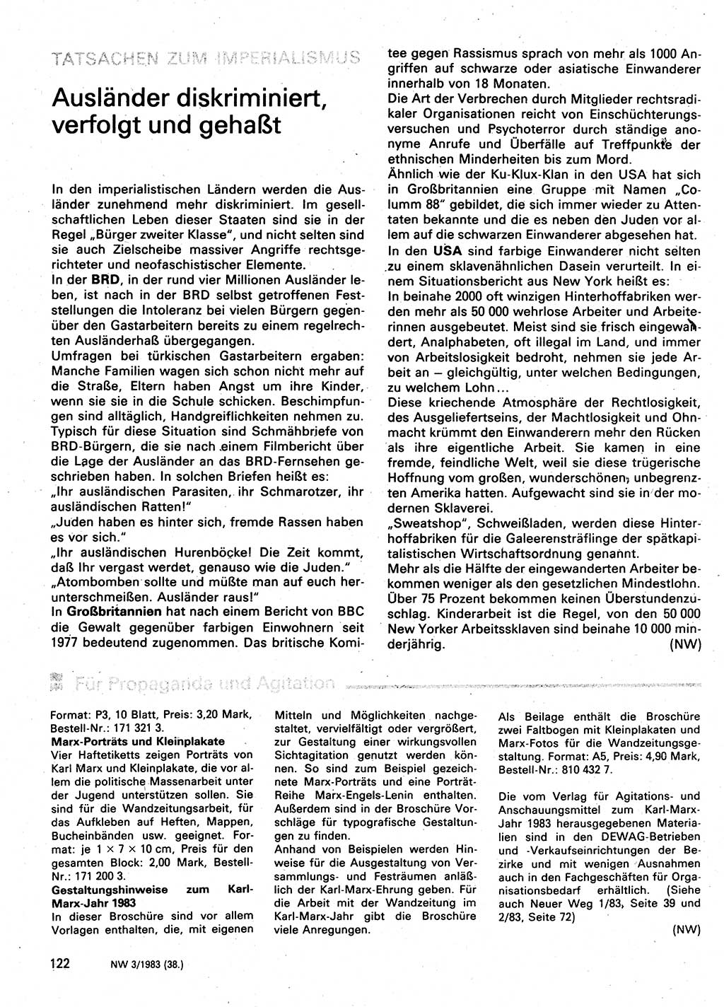 Neuer Weg (NW), Organ des Zentralkomitees (ZK) der SED (Sozialistische Einheitspartei Deutschlands) für Fragen des Parteilebens, 38. Jahrgang [Deutsche Demokratische Republik (DDR)] 1983, Seite 122 (NW ZK SED DDR 1983, S. 122)