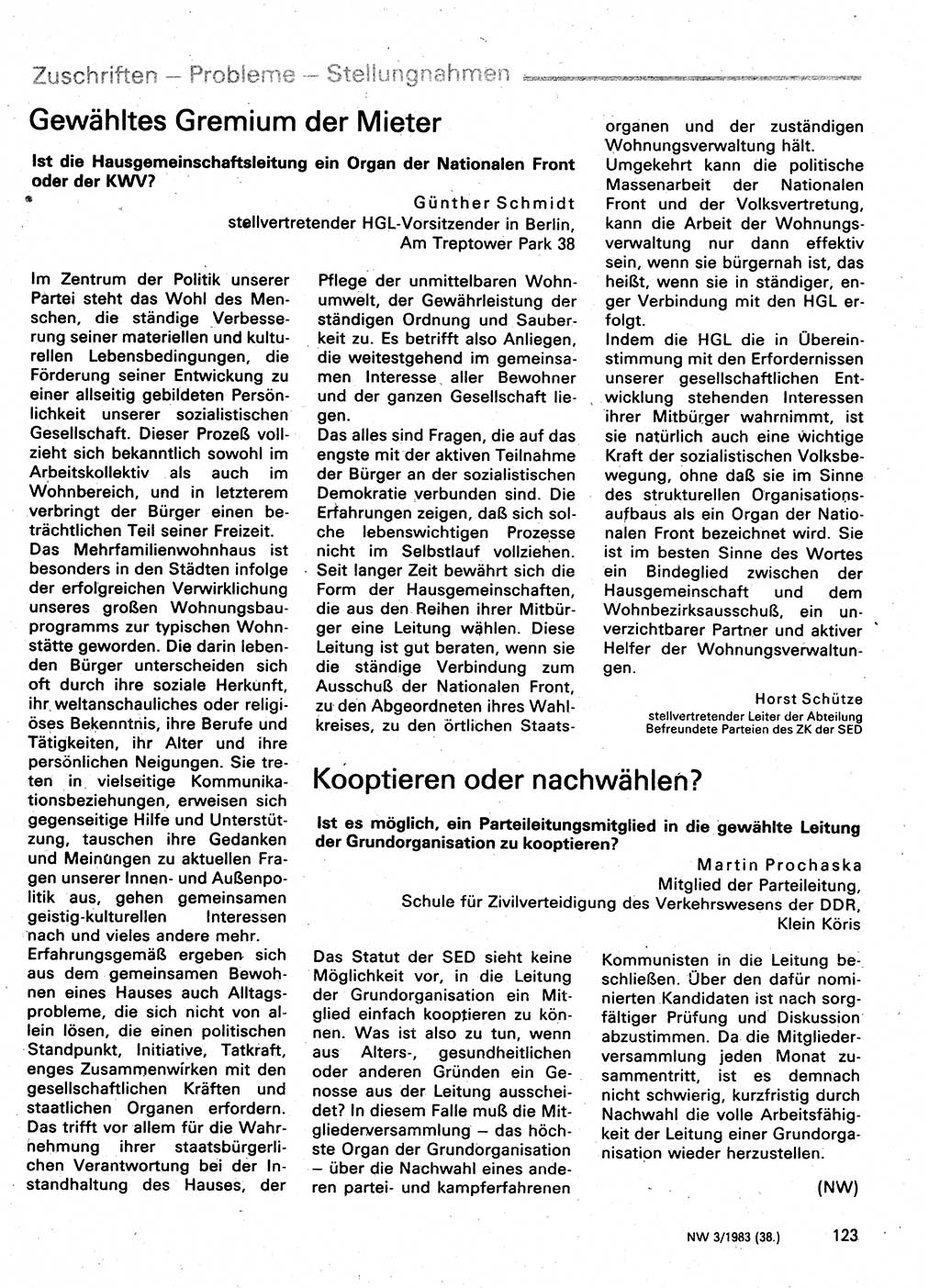 Neuer Weg (NW), Organ des Zentralkomitees (ZK) der SED (Sozialistische Einheitspartei Deutschlands) für Fragen des Parteilebens, 38. Jahrgang [Deutsche Demokratische Republik (DDR)] 1983, Seite 123 (NW ZK SED DDR 1983, S. 123)