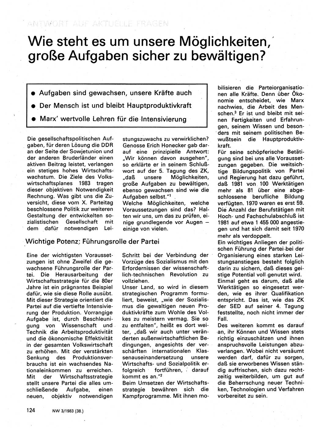 Neuer Weg (NW), Organ des Zentralkomitees (ZK) der SED (Sozialistische Einheitspartei Deutschlands) für Fragen des Parteilebens, 38. Jahrgang [Deutsche Demokratische Republik (DDR)] 1983, Seite 124 (NW ZK SED DDR 1983, S. 124)