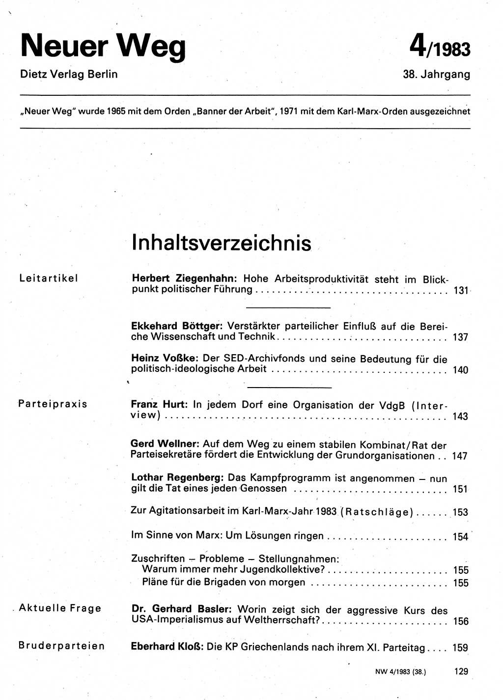 Neuer Weg (NW), Organ des Zentralkomitees (ZK) der SED (Sozialistische Einheitspartei Deutschlands) für Fragen des Parteilebens, 38. Jahrgang [Deutsche Demokratische Republik (DDR)] 1983, Seite 129 (NW ZK SED DDR 1983, S. 129)