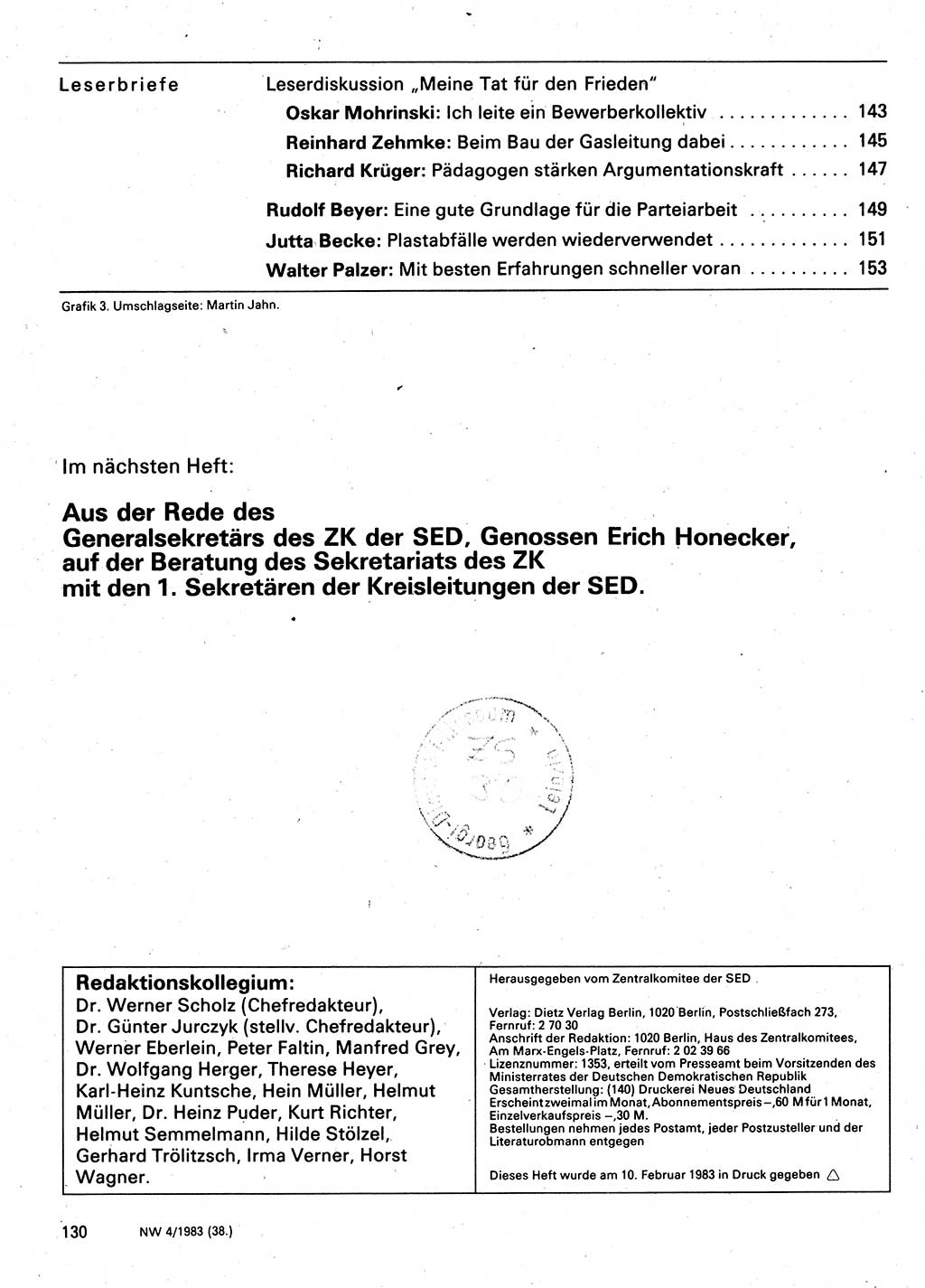 Neuer Weg (NW), Organ des Zentralkomitees (ZK) der SED (Sozialistische Einheitspartei Deutschlands) für Fragen des Parteilebens, 38. Jahrgang [Deutsche Demokratische Republik (DDR)] 1983, Seite 130 (NW ZK SED DDR 1983, S. 130)