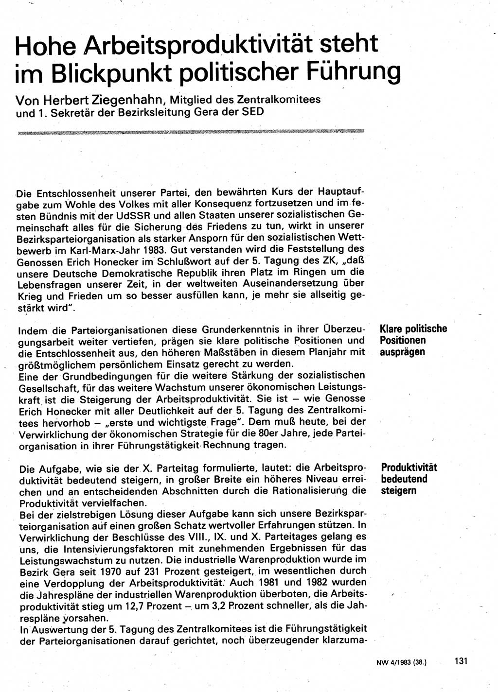 Neuer Weg (NW), Organ des Zentralkomitees (ZK) der SED (Sozialistische Einheitspartei Deutschlands) für Fragen des Parteilebens, 38. Jahrgang [Deutsche Demokratische Republik (DDR)] 1983, Seite 131 (NW ZK SED DDR 1983, S. 131)