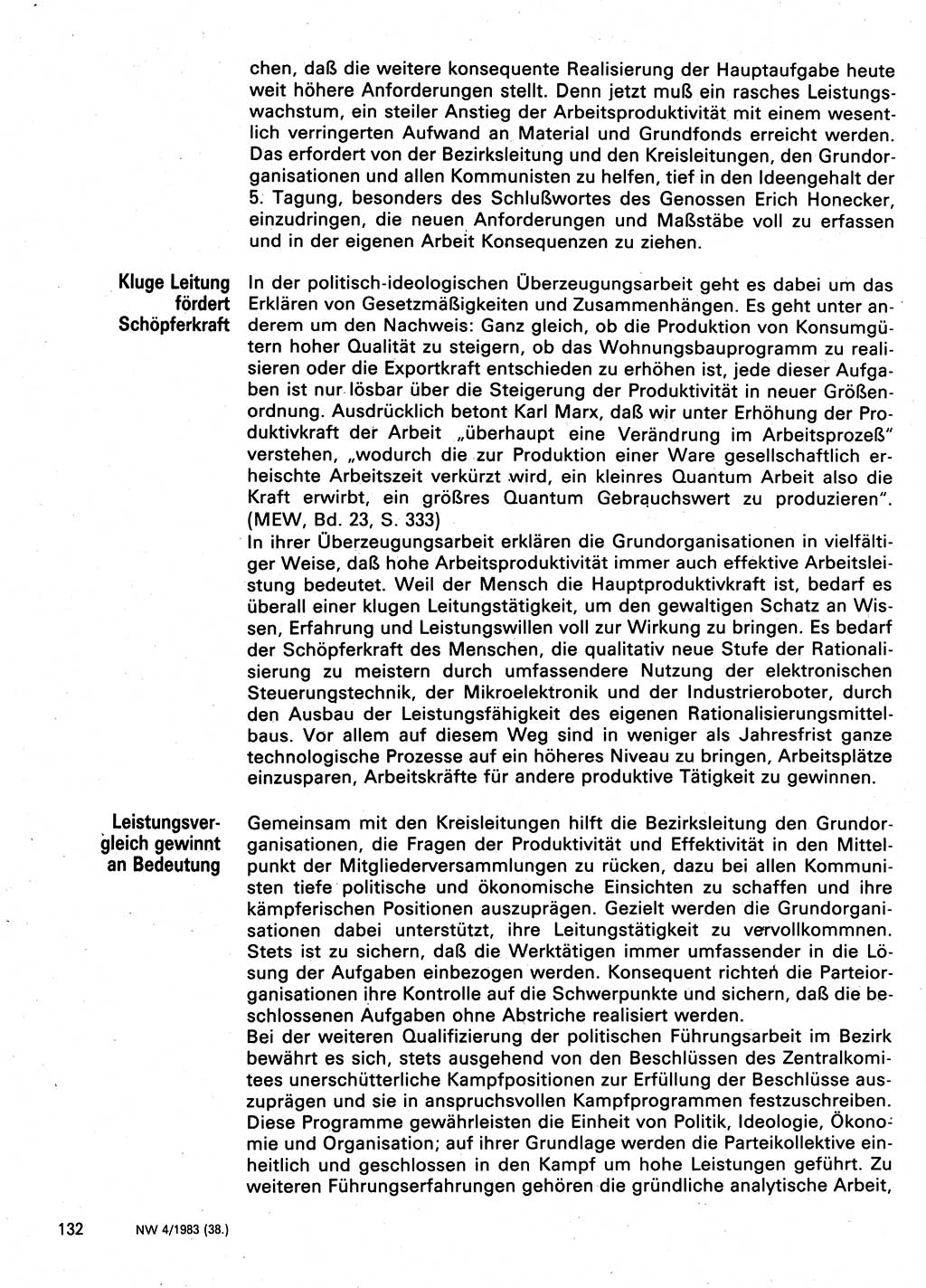 Neuer Weg (NW), Organ des Zentralkomitees (ZK) der SED (Sozialistische Einheitspartei Deutschlands) für Fragen des Parteilebens, 38. Jahrgang [Deutsche Demokratische Republik (DDR)] 1983, Seite 132 (NW ZK SED DDR 1983, S. 132)