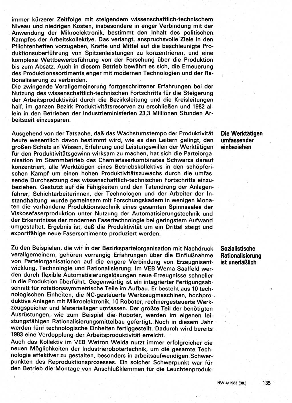 Neuer Weg (NW), Organ des Zentralkomitees (ZK) der SED (Sozialistische Einheitspartei Deutschlands) für Fragen des Parteilebens, 38. Jahrgang [Deutsche Demokratische Republik (DDR)] 1983, Seite 135 (NW ZK SED DDR 1983, S. 135)