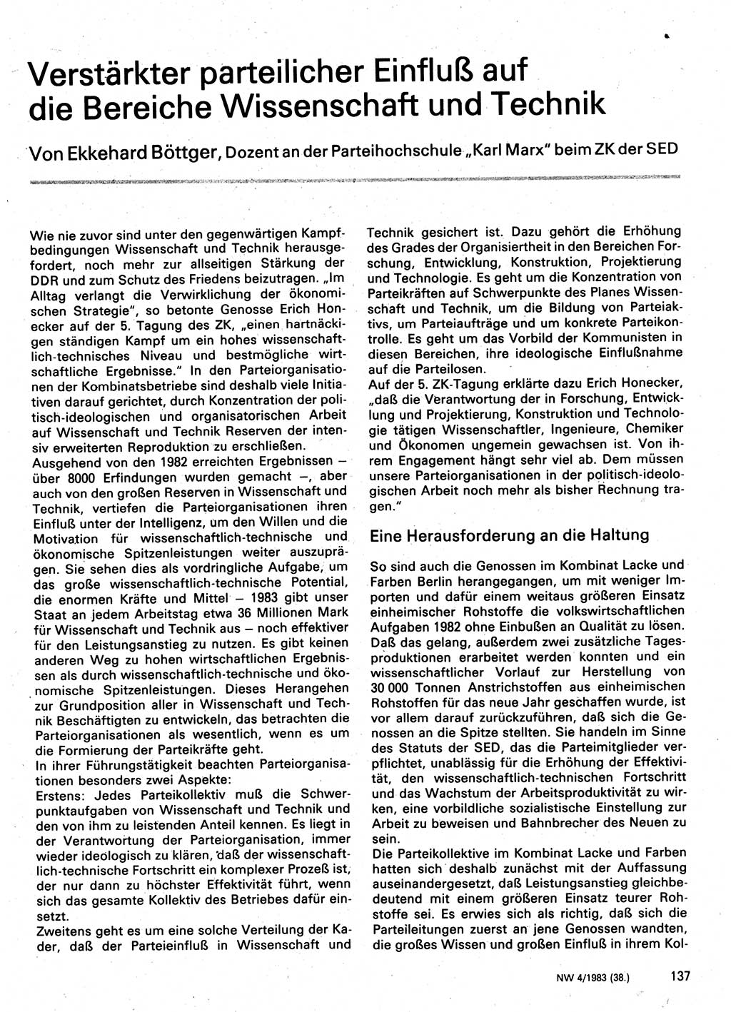 Neuer Weg (NW), Organ des Zentralkomitees (ZK) der SED (Sozialistische Einheitspartei Deutschlands) für Fragen des Parteilebens, 38. Jahrgang [Deutsche Demokratische Republik (DDR)] 1983, Seite 137 (NW ZK SED DDR 1983, S. 137)