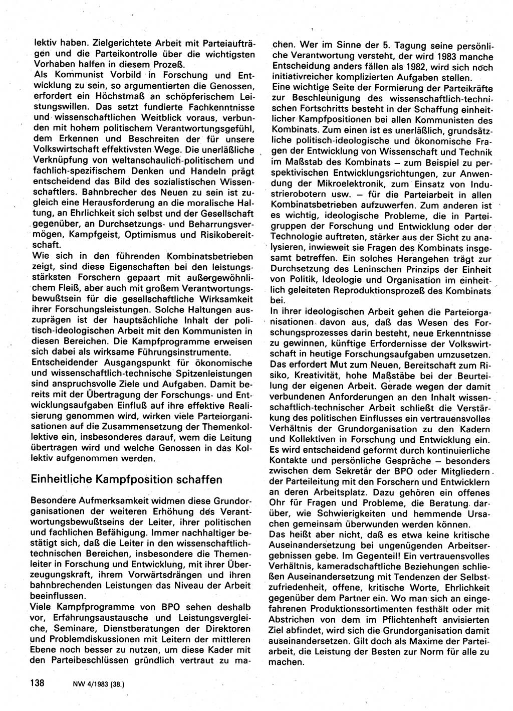 Neuer Weg (NW), Organ des Zentralkomitees (ZK) der SED (Sozialistische Einheitspartei Deutschlands) für Fragen des Parteilebens, 38. Jahrgang [Deutsche Demokratische Republik (DDR)] 1983, Seite 138 (NW ZK SED DDR 1983, S. 138)