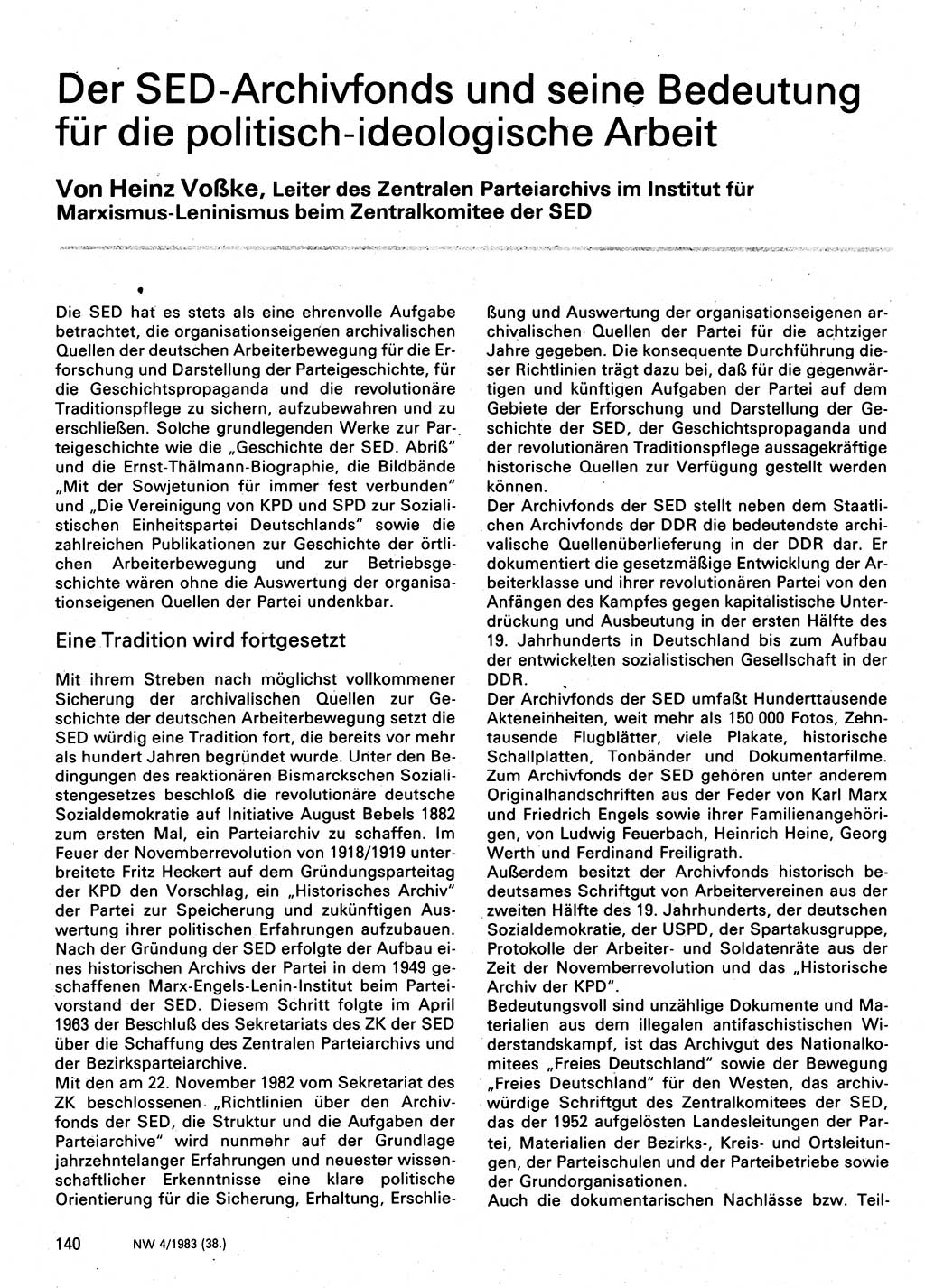 Neuer Weg (NW), Organ des Zentralkomitees (ZK) der SED (Sozialistische Einheitspartei Deutschlands) für Fragen des Parteilebens, 38. Jahrgang [Deutsche Demokratische Republik (DDR)] 1983, Seite 140 (NW ZK SED DDR 1983, S. 140)