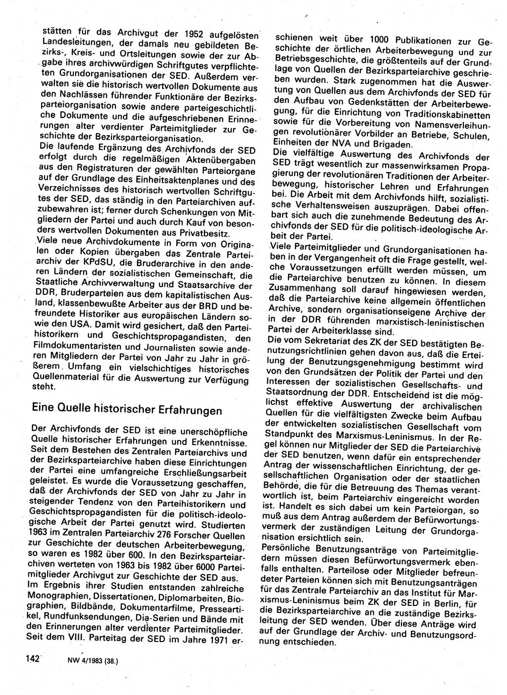 Neuer Weg (NW), Organ des Zentralkomitees (ZK) der SED (Sozialistische Einheitspartei Deutschlands) für Fragen des Parteilebens, 38. Jahrgang [Deutsche Demokratische Republik (DDR)] 1983, Seite 142 (NW ZK SED DDR 1983, S. 142)