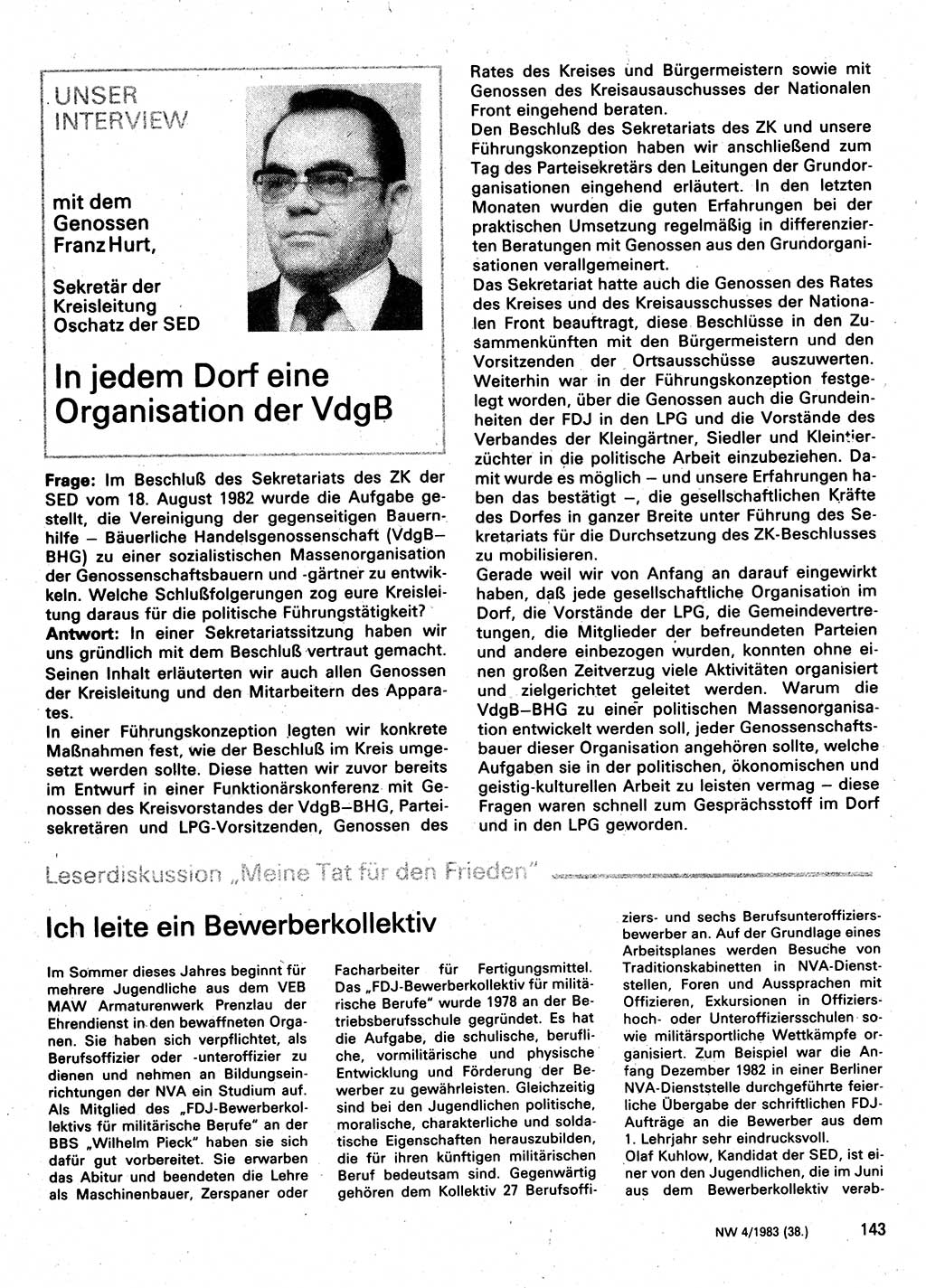 Neuer Weg (NW), Organ des Zentralkomitees (ZK) der SED (Sozialistische Einheitspartei Deutschlands) für Fragen des Parteilebens, 38. Jahrgang [Deutsche Demokratische Republik (DDR)] 1983, Seite 143 (NW ZK SED DDR 1983, S. 143)