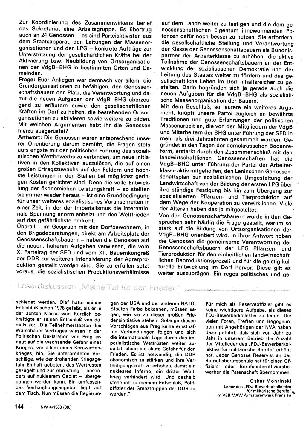 Neuer Weg (NW), Organ des Zentralkomitees (ZK) der SED (Sozialistische Einheitspartei Deutschlands) für Fragen des Parteilebens, 38. Jahrgang [Deutsche Demokratische Republik (DDR)] 1983, Seite 144 (NW ZK SED DDR 1983, S. 144)