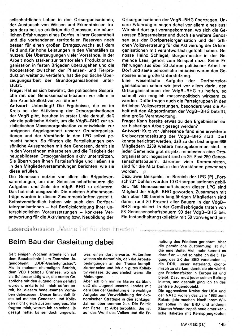 Neuer Weg (NW), Organ des Zentralkomitees (ZK) der SED (Sozialistische Einheitspartei Deutschlands) für Fragen des Parteilebens, 38. Jahrgang [Deutsche Demokratische Republik (DDR)] 1983, Seite 145 (NW ZK SED DDR 1983, S. 145)