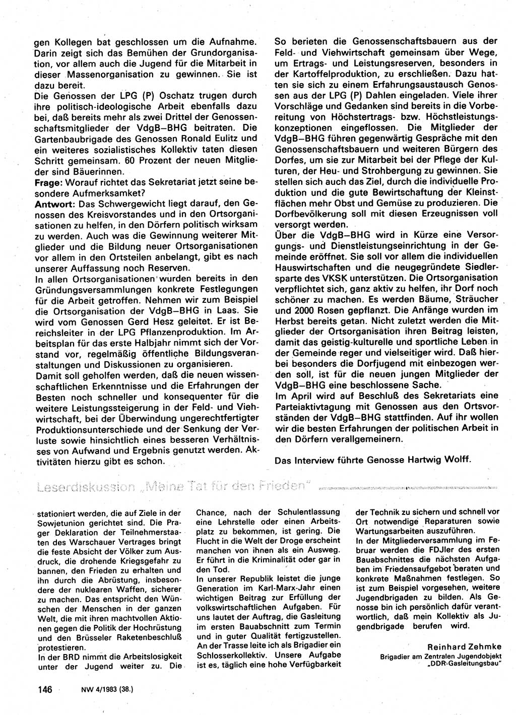 Neuer Weg (NW), Organ des Zentralkomitees (ZK) der SED (Sozialistische Einheitspartei Deutschlands) für Fragen des Parteilebens, 38. Jahrgang [Deutsche Demokratische Republik (DDR)] 1983, Seite 146 (NW ZK SED DDR 1983, S. 146)