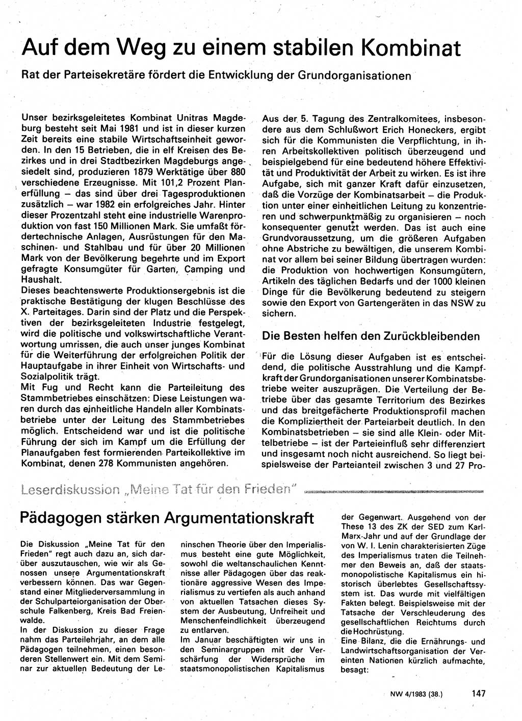 Neuer Weg (NW), Organ des Zentralkomitees (ZK) der SED (Sozialistische Einheitspartei Deutschlands) für Fragen des Parteilebens, 38. Jahrgang [Deutsche Demokratische Republik (DDR)] 1983, Seite 147 (NW ZK SED DDR 1983, S. 147)