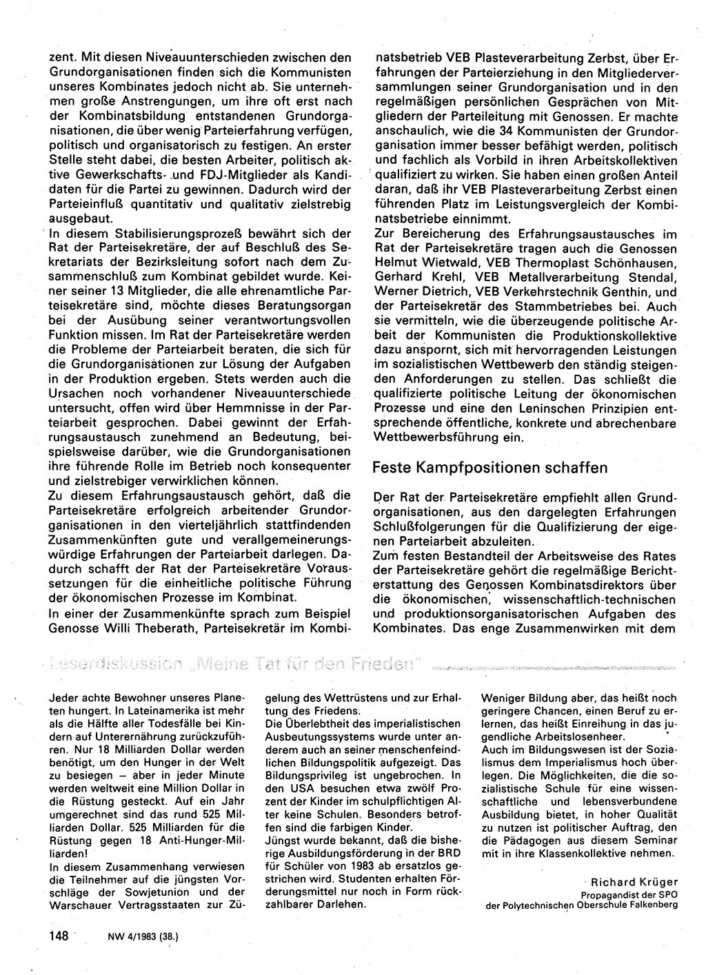 Neuer Weg (NW), Organ des Zentralkomitees (ZK) der SED (Sozialistische Einheitspartei Deutschlands) für Fragen des Parteilebens, 38. Jahrgang [Deutsche Demokratische Republik (DDR)] 1983, Seite 148 (NW ZK SED DDR 1983, S. 148)