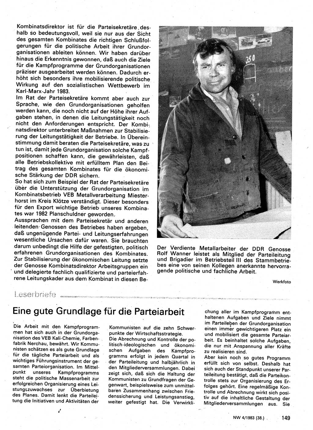 Neuer Weg (NW), Organ des Zentralkomitees (ZK) der SED (Sozialistische Einheitspartei Deutschlands) für Fragen des Parteilebens, 38. Jahrgang [Deutsche Demokratische Republik (DDR)] 1983, Seite 149 (NW ZK SED DDR 1983, S. 149)