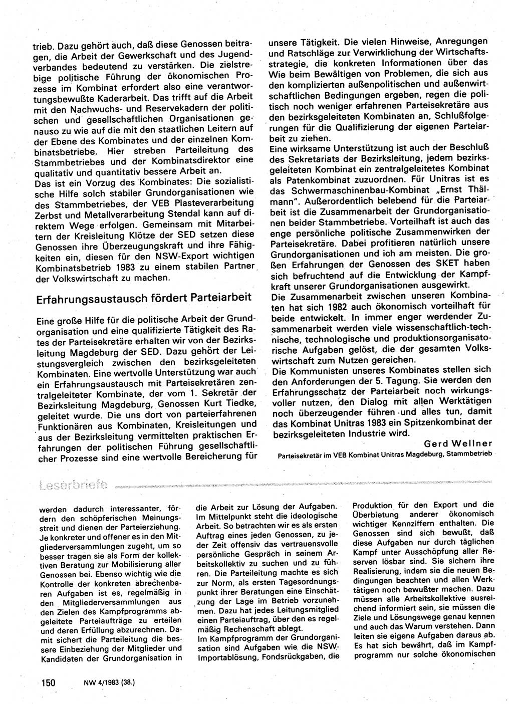 Neuer Weg (NW), Organ des Zentralkomitees (ZK) der SED (Sozialistische Einheitspartei Deutschlands) für Fragen des Parteilebens, 38. Jahrgang [Deutsche Demokratische Republik (DDR)] 1983, Seite 150 (NW ZK SED DDR 1983, S. 150)